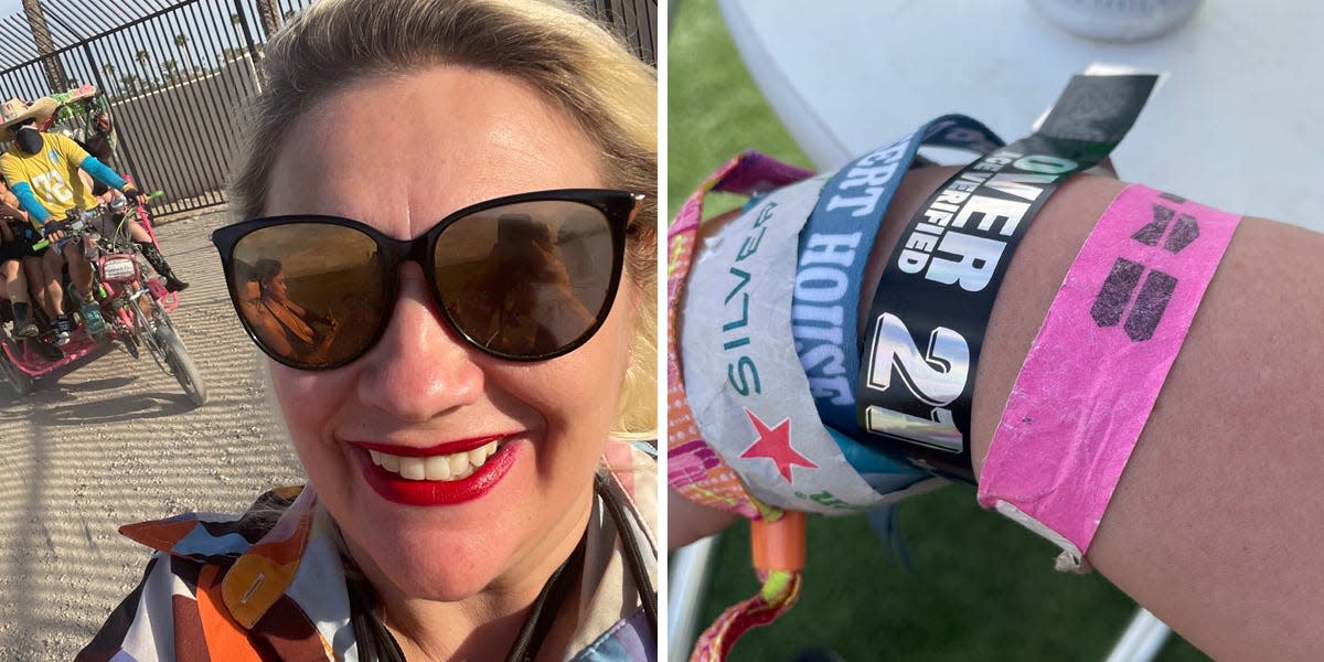 the writer posing with tuk tuks next to photo of her wristbands