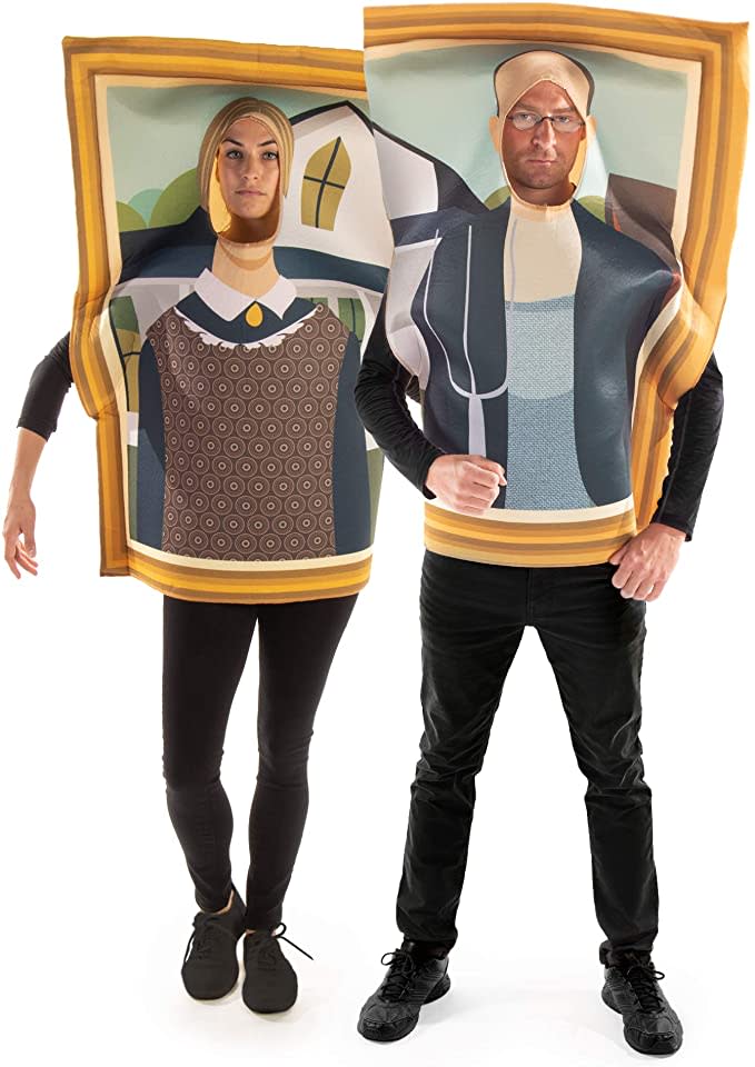 Man and woman pose while wearing 3D costumes recreating American Gothic painting.