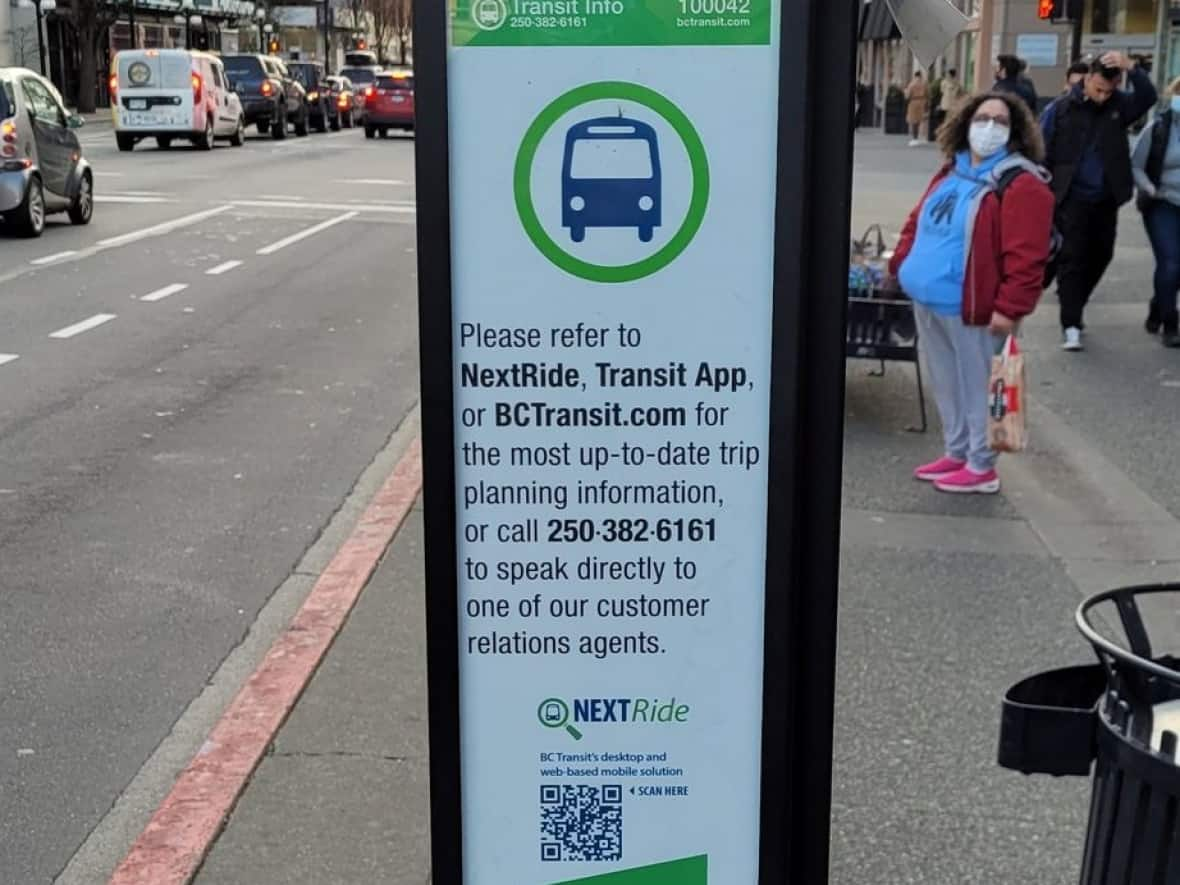 A B.C. Transit bus stop is seen in Victoria on Friday.  (Dan Huang - image credit)