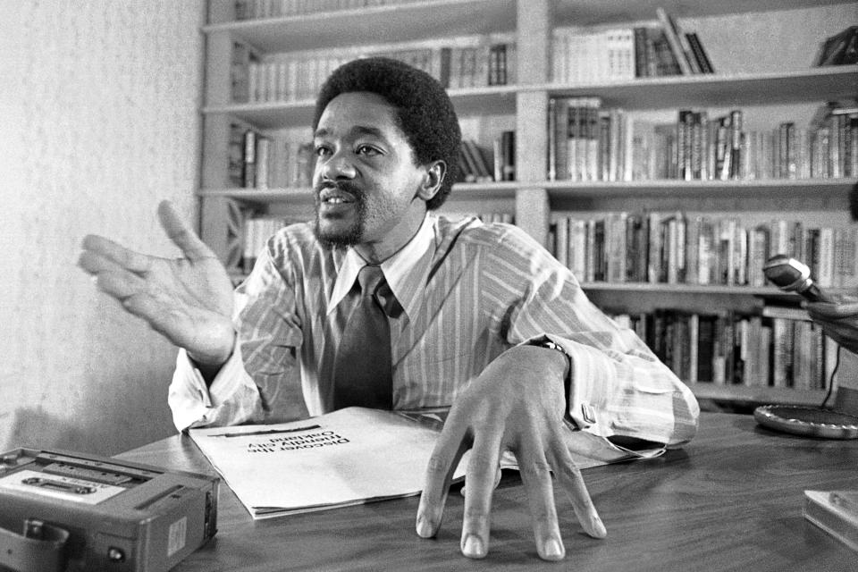 FILE - In this Sept. 8, 1972, Bobby Seale talks during an interview in his office in Oakland. After meeting at a community college in Oakland, Huey Newton and Seale founded the Black Panther Party for Self Defense in October 1966. Newton was the party's minister for defense and Seale was the party chairman. (AP Photo/File)