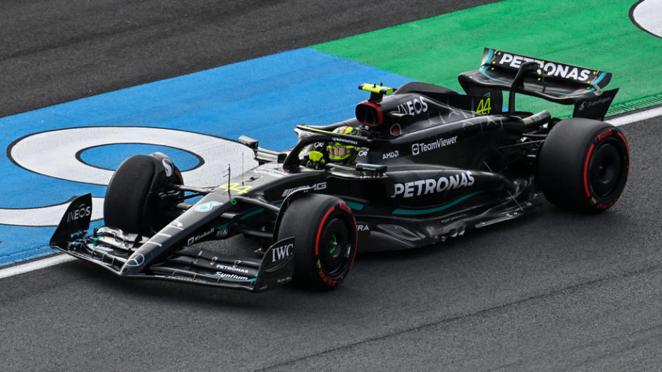 Sir Lewis Hamilton drives during a practice session for the 2023 Dutch Grand Prix.