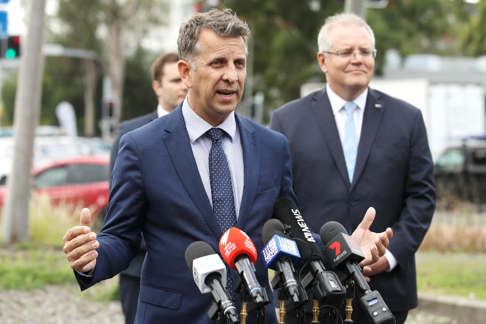 SYDNEY, AUSTRALIA - JUNE 29:  New South Wales Minister for Transport and Roads Andrew Constance speaks to the media at an infrastructure announcement in Macquarie Park on June 29, 2020 in Sydney, Australia. Prime Minister Scott Morrison announced plans for spending on roads across New South Wales and to ease congestion in Sydney aimed at reducing congestion at 11 'pinch points'. (Photo by Mark Kolbe/Getty Images)