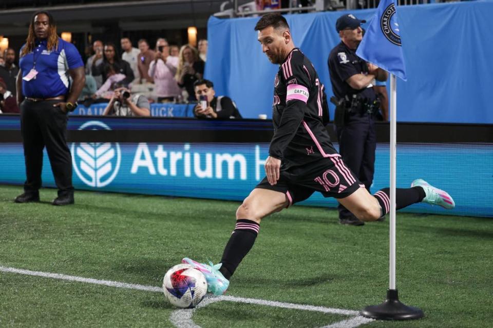 Inter Miami forward Lionel Messi prepares for a corner kick during the match against Charlotte FC at Bank of America Stadium on Saturday, October 21, 2023 in Charlotte, NC. Charlotte FC held onto their lead to defeat Inter Miami, 1-0, clinching a spot in the playoffs.