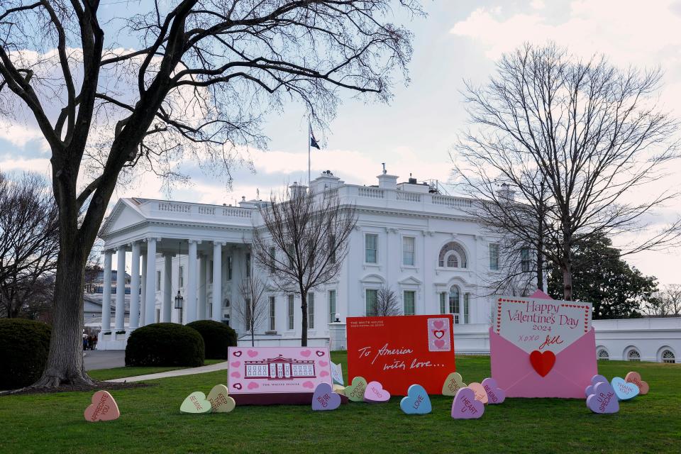 Valentines Day decorations sit on display on the North Lawn of the White House on Feb. 14, 2024.