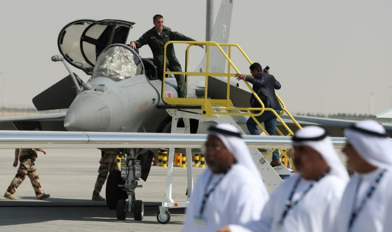 A French Rafale fighter jet is displayed during the Dubai Airshow on November 14, 2017