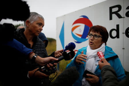 Christiane Lambert, President of France's farmer's union group FNSEA, talks to journalists during a protest by French farmers near the French oil giant Total refinery in Donges, France, June 11, 2018. REUTERS/Stephane Mahe