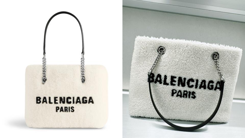 2023毛絨名牌包推薦：BALENCIAGA淺米色小托特包，NT$ 81,150。喜歡簡約風格的妳不能錯過的還有這款BALENCIAGA托特包，質感外型搭配短羊毛QQ材質圖片來源：BALENCIAGA、編輯拍攝