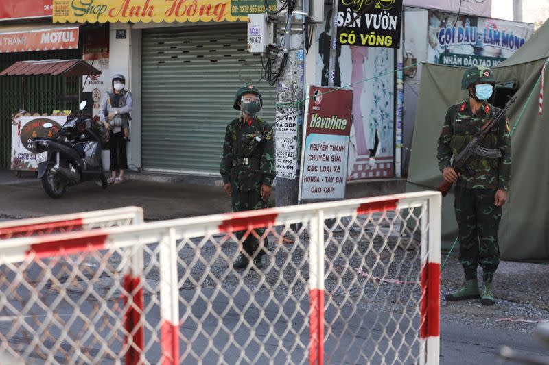 A military check point is seen during lockdown amid the coronavirus disease pandemic in Ho Chi Minh, Vietnam