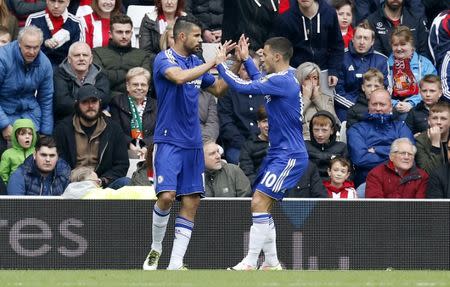 Britain Soccer Football - Sunderland v Chelsea - Barclays Premier League - Stadium of Light - 7/5/16 Diego Costa celebrates with Eden Hazard after scoring the first goal for Chelsea Action Images via Reuters / Ed Sykes