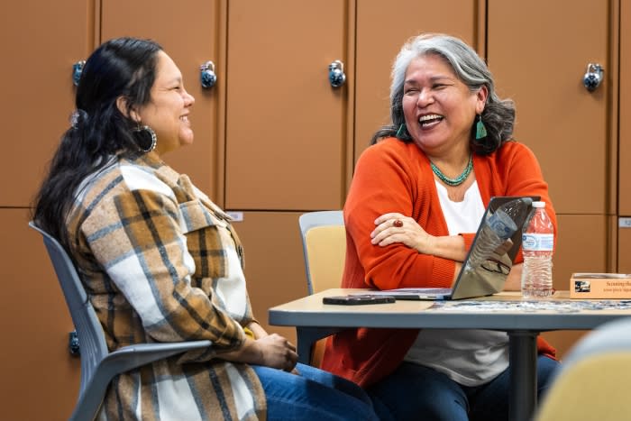 Woman and student talking