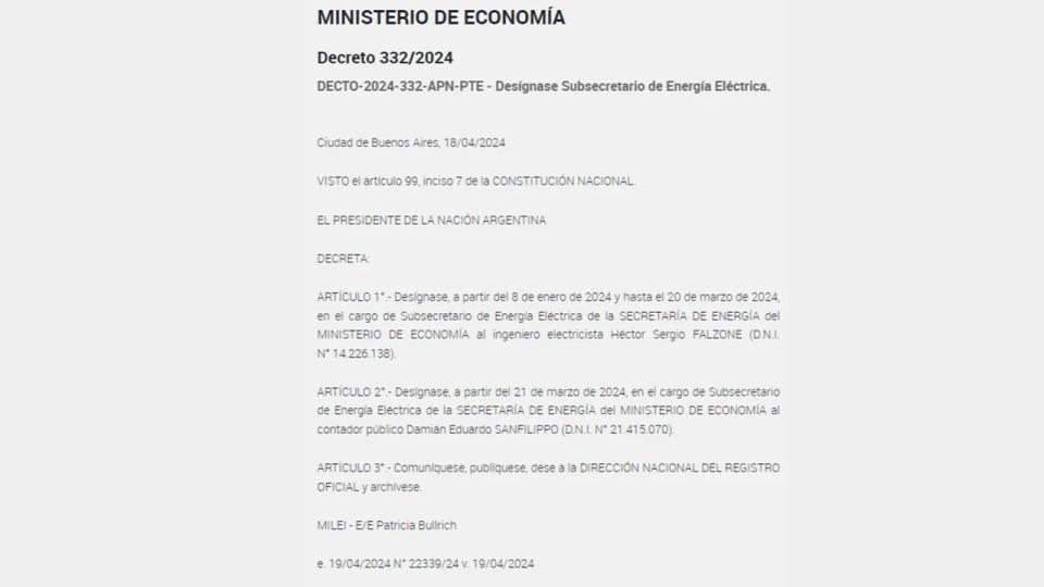 El decreto publicado este viernes por el cual se designó oficialmente a un funcionario y se lo desplazó