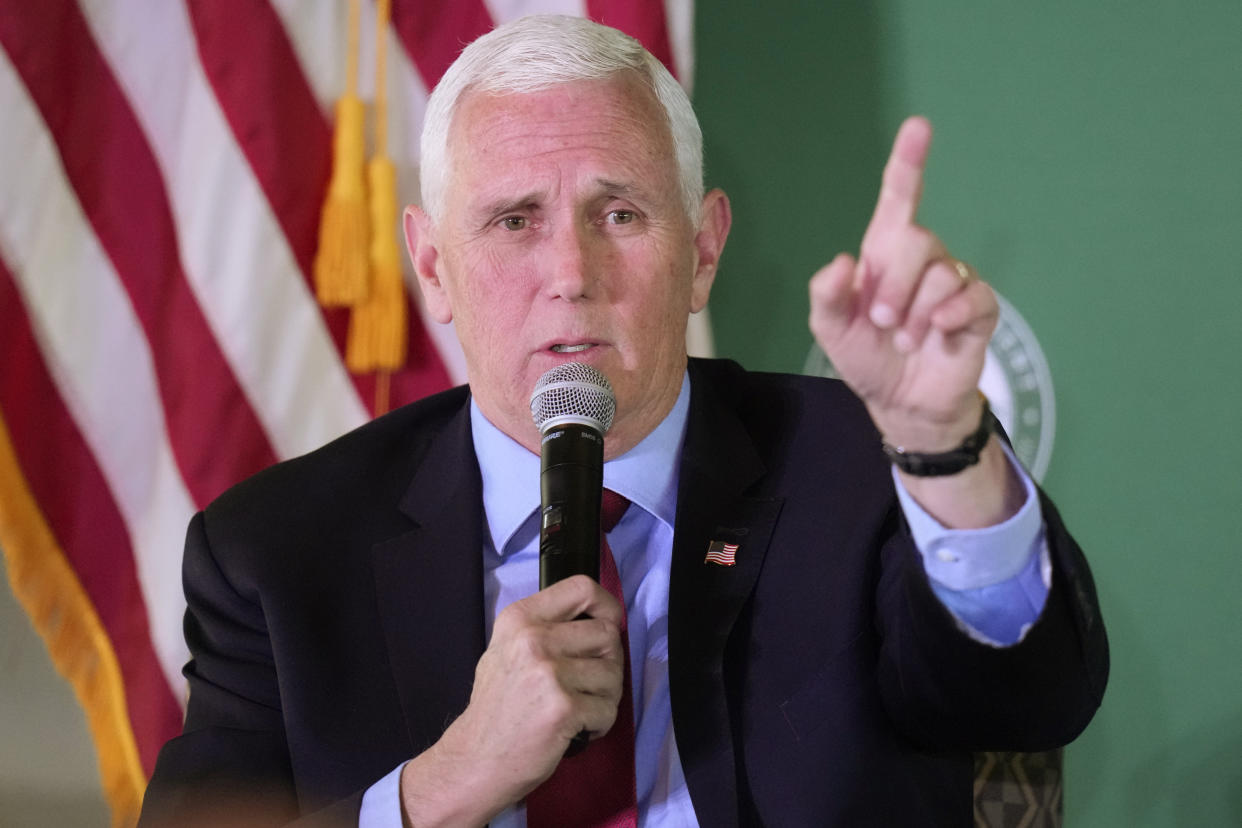 Former Vice President Mike Pence speaks at a luncheon Friday, April 28, 2023, in Salt Lake City. (Rick Bowmer/AP)