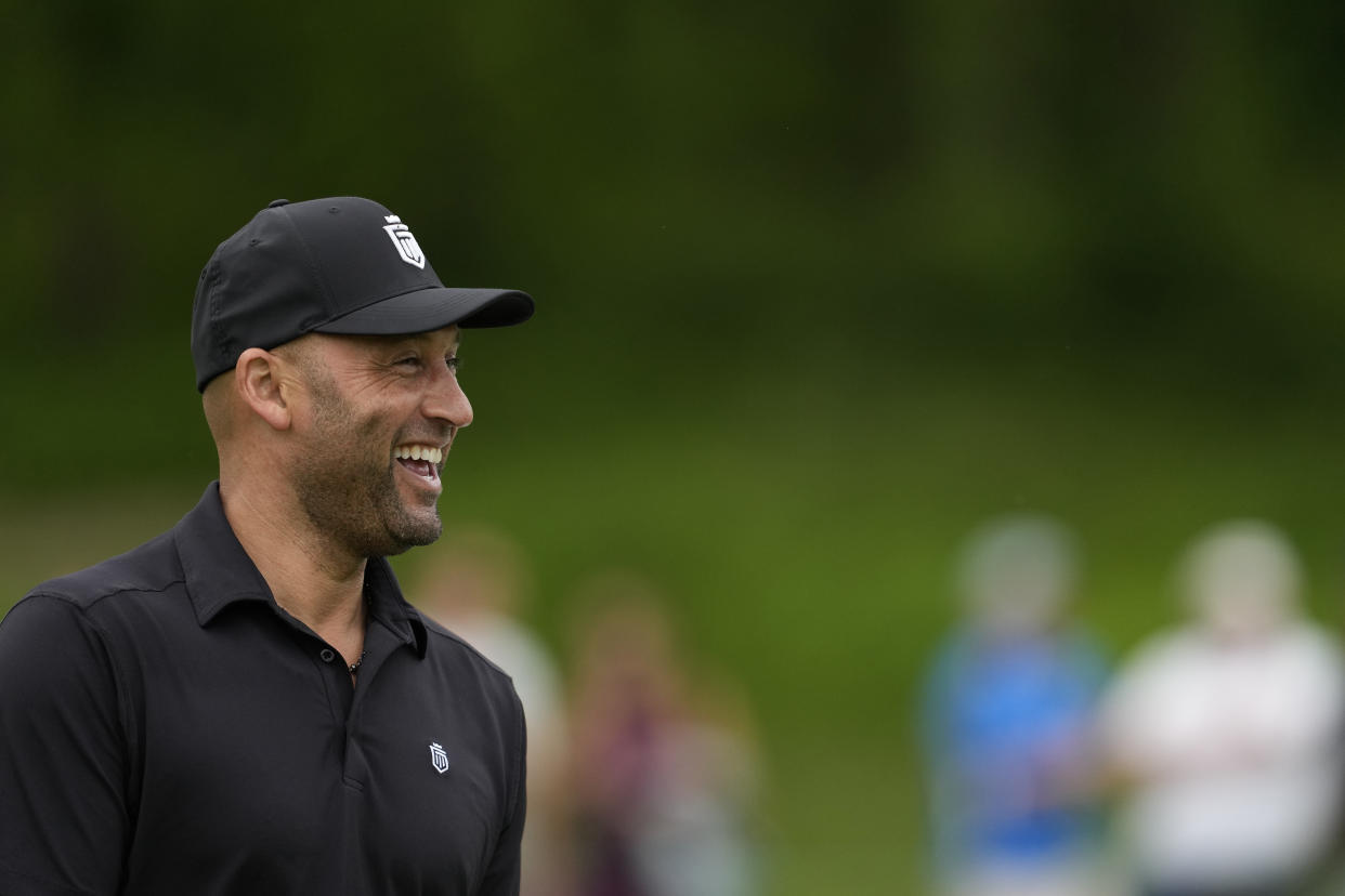 MADISON, WISCONSIN - JUNE 11: Former Major League Baseball player Derek Jeter reacts on the 13th green during the Celebrity Foursome at the second round of the American Family Insurance Championship at University Ridge Golf Club on June 11, 2022 in Madison, Wisconsin. (Photo by Patrick McDermott/Getty Images)