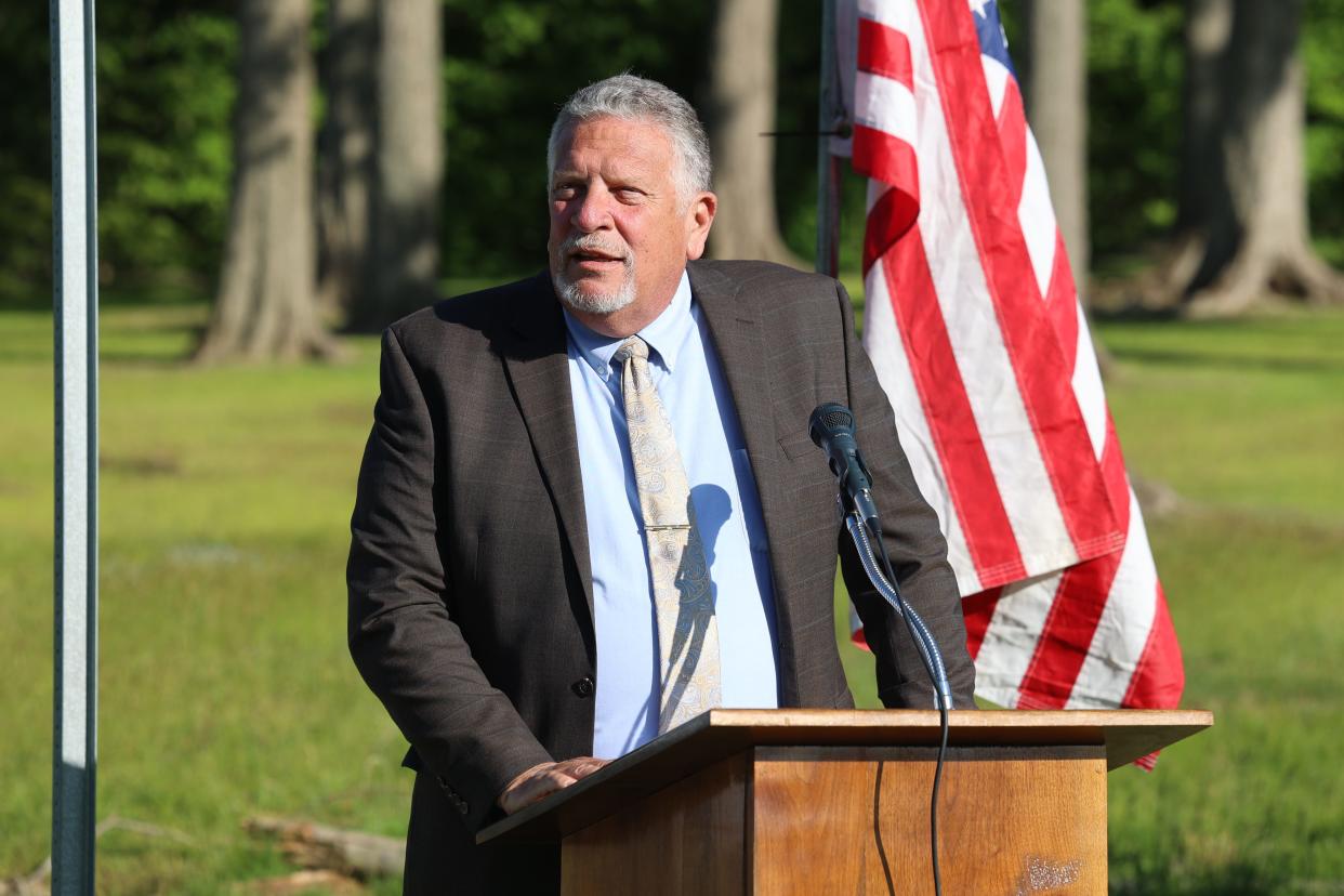 Streetsboro Mayor Glenn Broska speaks at the groundbreaking ceremony for the new community center being constructed in Streetsboro City Park.