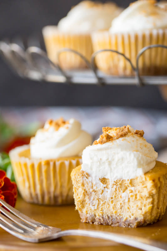 <p>Lovely Little Kitchen</p><p>These mini pumpkin spice cheesecakes are definitely a lovely cross between a cheesecake and a pumpkin pie, and perfect for when you only have tiny room for dessert!</p><p><strong>Get the recipe: <a href="https://lovelylittlekitchen.com/mini-pumpkin-spice-cheesecakes/" rel="nofollow noopener" target="_blank" data-ylk="slk:Mini Pumpkin Spice Cheesecakes;elm:context_link;itc:0;sec:content-canvas" class="link ">Mini Pumpkin Spice Cheesecakes</a></strong></p>