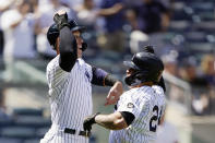 New York Yankees Aaron Judge, left, celebrates with Gary Sanchez (24) after scoring on Sanchez's sixth-inning, three-run home run in a baseball game against the Kansas City Royals, Thursday, June 24, 2021, at Yankee Stadium in New York. (AP Photo/Kathy Willens)