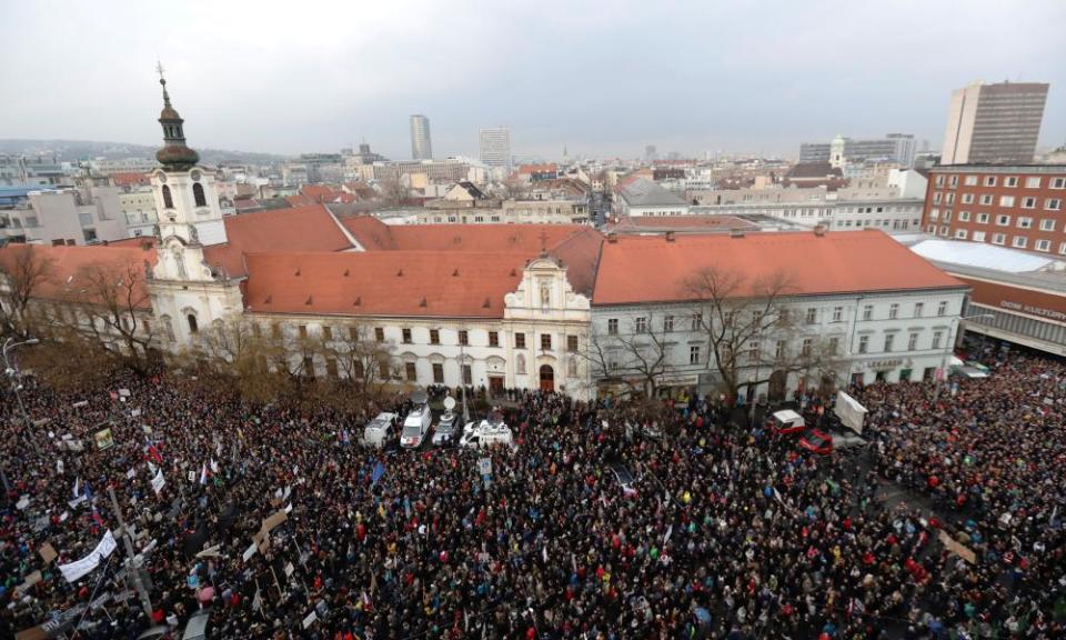 Marchers protest about the murder of Slovak journalist Ján Kuciak and his girlfriend Martina Kušnírová, 16 March 2018, Bratislava, Slovakia.