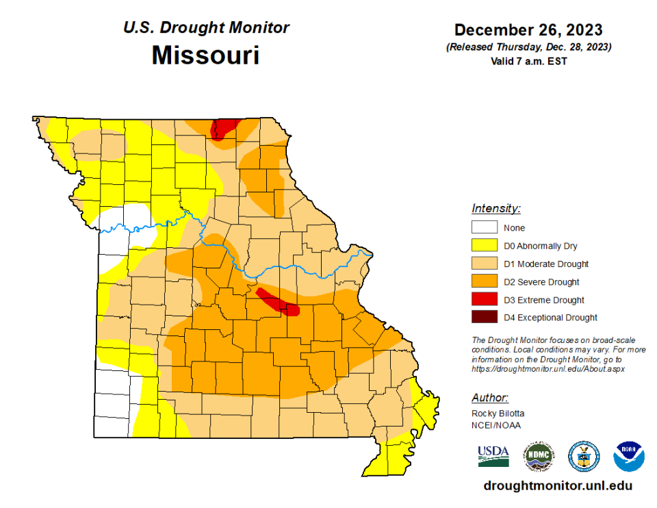 A map of drought conditions in Missouri as of Dec. 26, 2023.