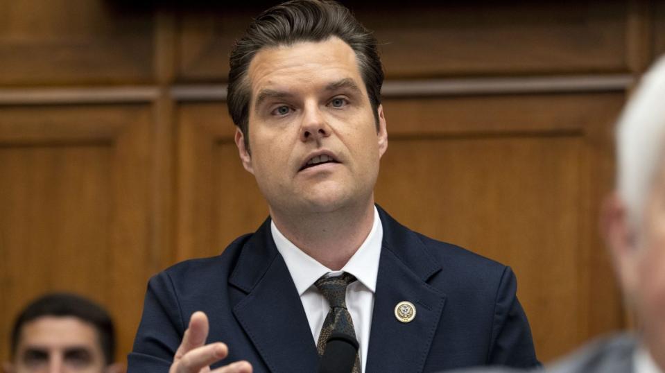 Rep. Matt Gaetz, R-Fla., questions Attorney General Merrick Garland during a House Judiciary Committee hearing on the Department of Justice, Tuesday, June 4, 2024, on Capitol Hill in Washington. (AP Photo/Jacquelyn Martin)