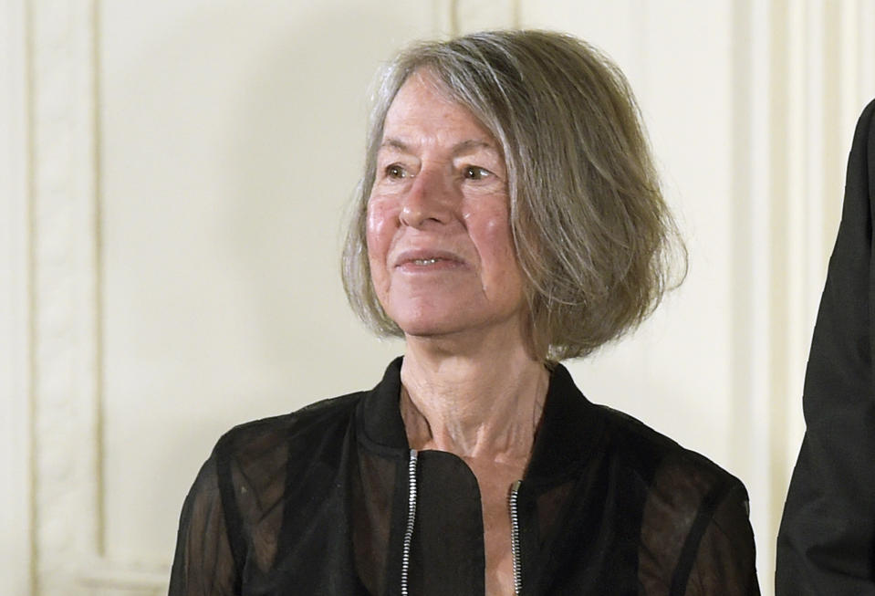 FILE - Poet Louise Gluck appears at a ceremony honoring her with the National Humanities Medal in the East Room of the White House in Washington on Sept. 22, 2016. Glück's death was confirmed Friday, Oct. 13, 2023, by Jonathan Galassi, her editor at Farrar, Straus & Giroux. (AP Photo/Susan Walsh, File)