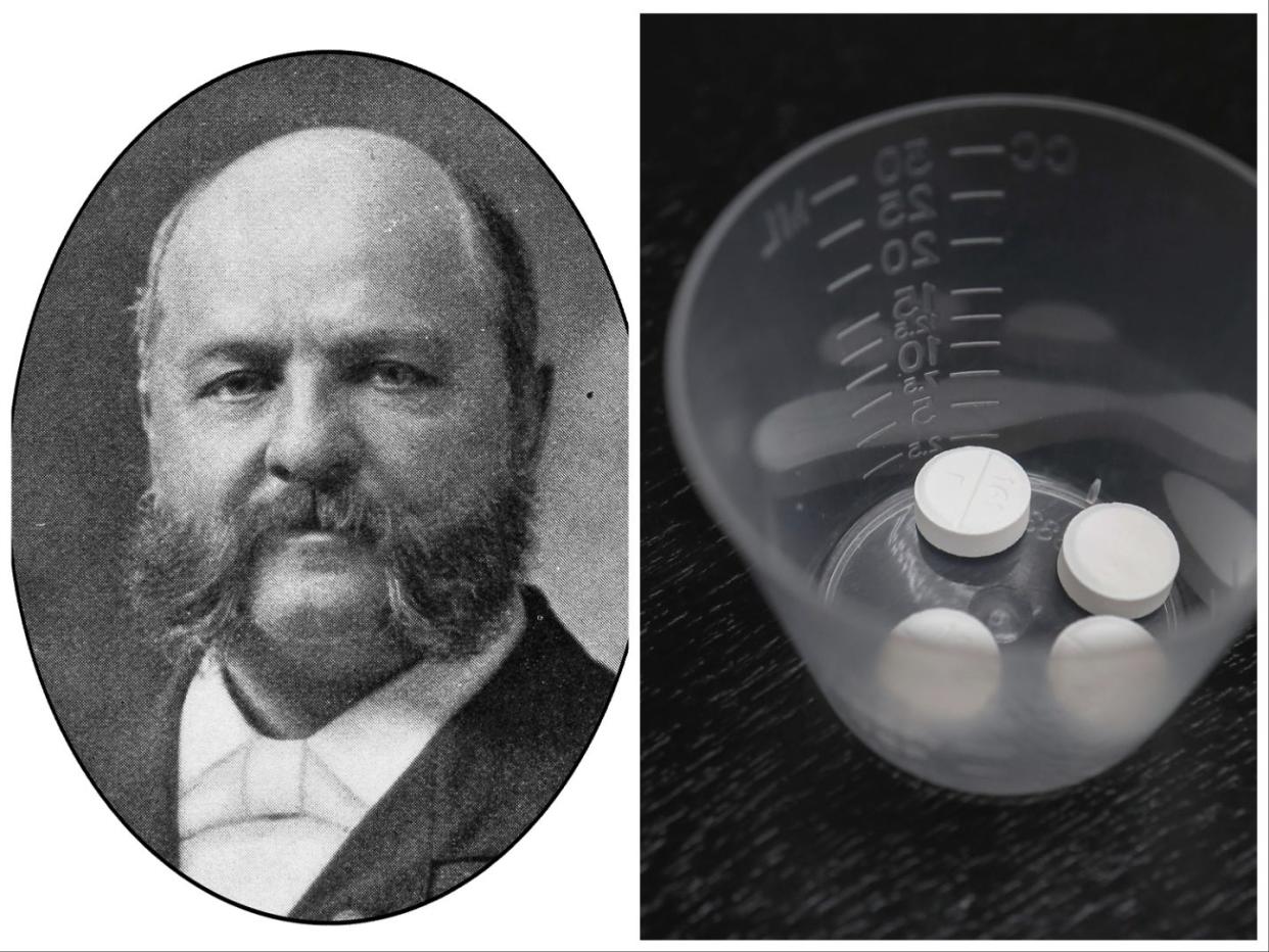 Anthony Comstock (left) and a cup of pills of mifepristone