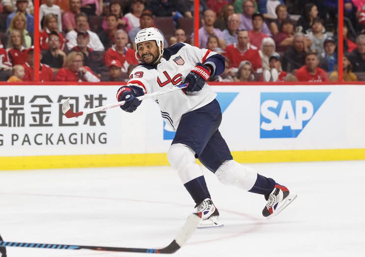 OTTAWA, ON - SEPT 10: Dustin Byfuglien #33 of Team USA shoots the puck during a World Cup of Hockey 2016 Pre-Tournament game against Team Canada at The Canadian Tire Centre on September 10, 2016 in Ottawa, Ontario, Canada. (Photo by Andre Ringuette/World Cup of Hockey via Getty Images)