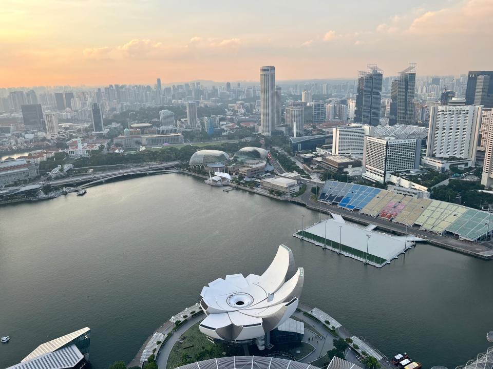 View from the observation deck, showing the museum, futbol field, skyscrapers, and Raffles.