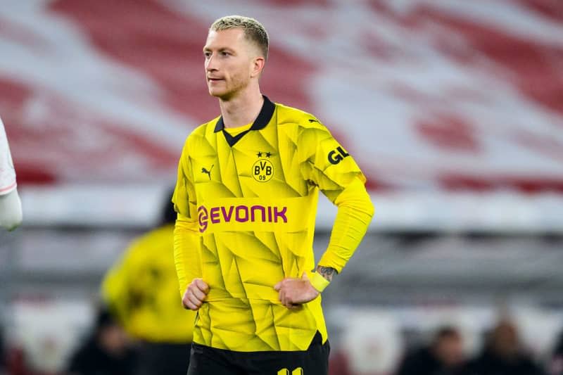 Dortmund's Marco Reus reacts during DFB Cup soccer match between VfB Stuttgart and Borussia Dortmund. Former team captain Reus has strongly dismissed reports that Borussia Dortmund players rebelled against coach Edin Terzic and that he was a ring leader in it. Tom Weller/dpa