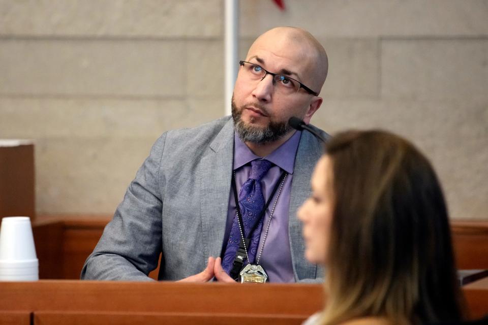 Columbus police officer Ryan Rosser testifies in the trial of former Franklin County Sheriff's deputy Jason Meade. Rosser was working on a task force with Meade on Dec. 4, 2020, when Meade fatally shot 23-year-old Casey Goodson Jr.