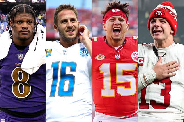 <p>Patrick Smith/Getty Images; Kevin Sabitus/Getty Images; Jamie Squire/Getty Images; Tim Nwachukwu/Getty Images</p> Lamar Jackson, Jared Goff, Patrick Mahomes, Brock Purdy