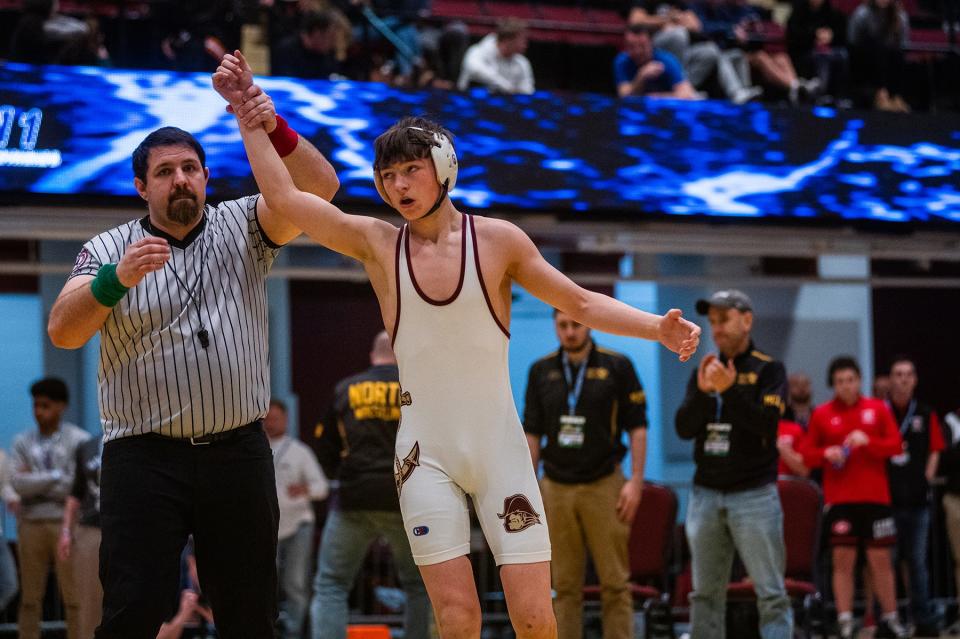 Arlington's Dillon Arrick wins the 124 pound weight class during the Section 1 division 1 wrestling championship in White Plains, NY on Sunday, February 11, 2024.