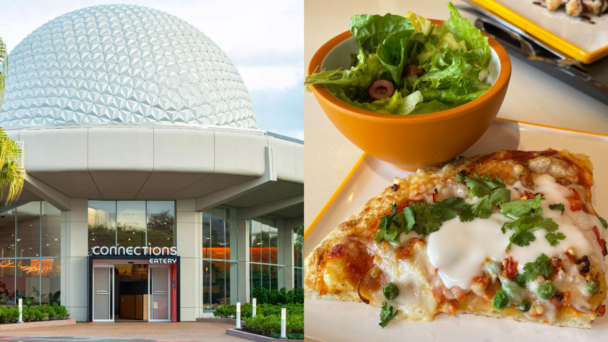 The Curry Spice Pizza at Connections Eatery, topped with veggies and plant-based mozzarella cheese, is among the best things to eat at Disney World's newest restaurant and cafe. (Photo: Walt Disney World Resort/Josie Maida)