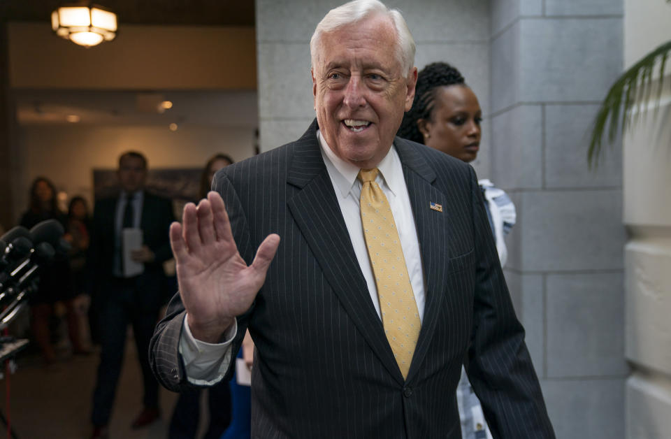 House Majority Leader Steny Hoyer, D-Md., arrives for a gathering of the House Democratic Caucus as Congress returns for the fall session with pressure mounting for a response to gun violence, at the Capitol in Washington, Tuesday, Sept. 10, 2019. Congressional Democrats are pressing President Donald Trump to intervene with Senate Republicans and demand passage of a bipartisan bill to expand background checks for gun purchases. (AP Photo/J. Scott Applewhite)