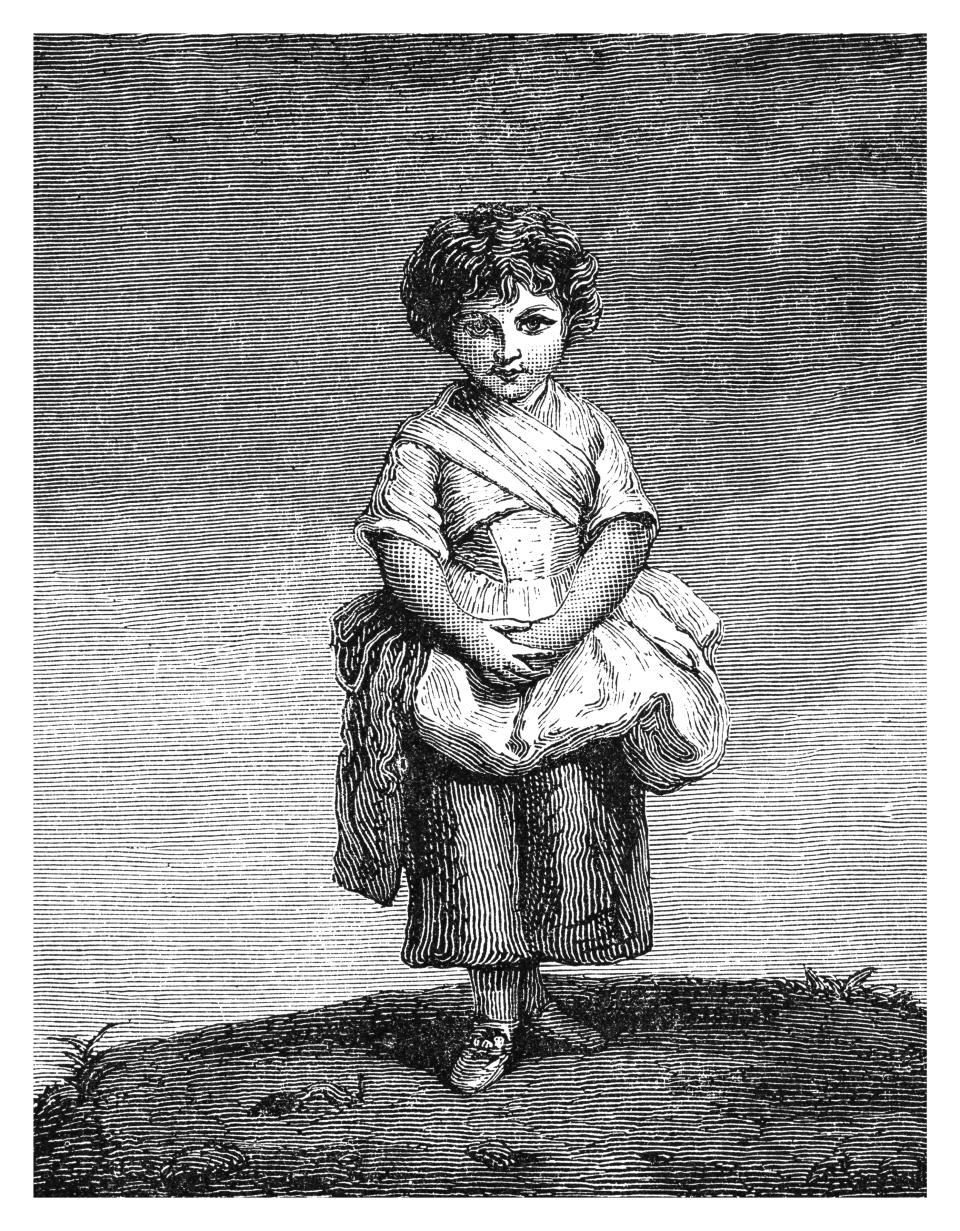 Old engraved illustration of  a little girl standing on a hill: "Collina (Lady Gertrude Fitzpatrick)" by Joshua Reynolds