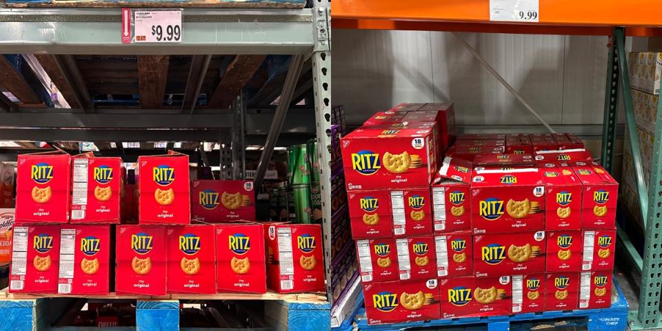 Large boxes of Ritz crackers on a palette at BJ's next to photo of the same crackers at Costco on display