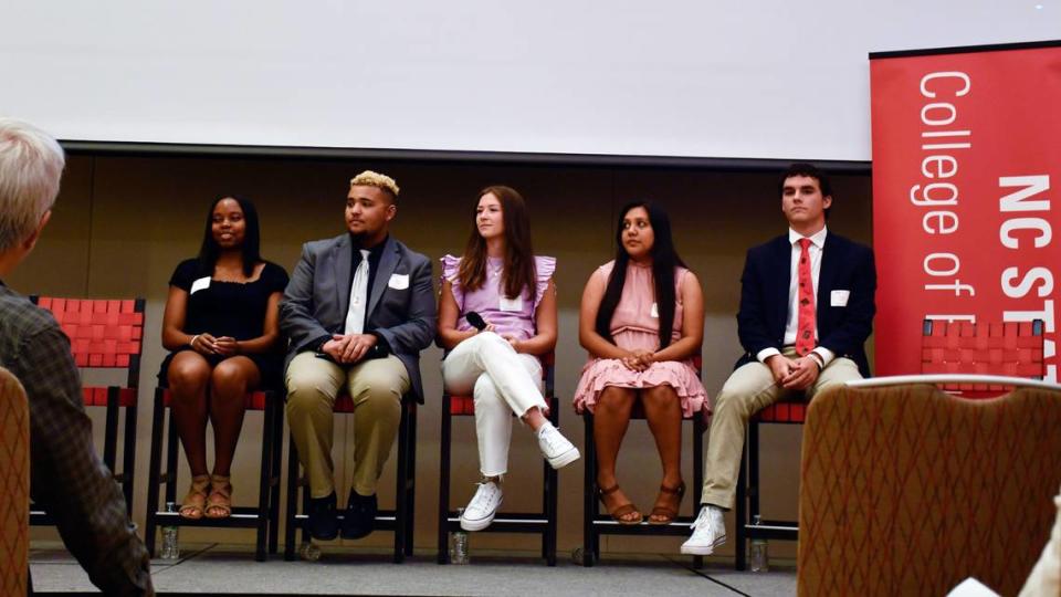 NC State University first-year education majors, from left, Kayla Connor, Joshua Webb, Olivia Ferlito, Dariana De Leon and Coley Welch at the “Gen Z and the Teaching Profession” forum.