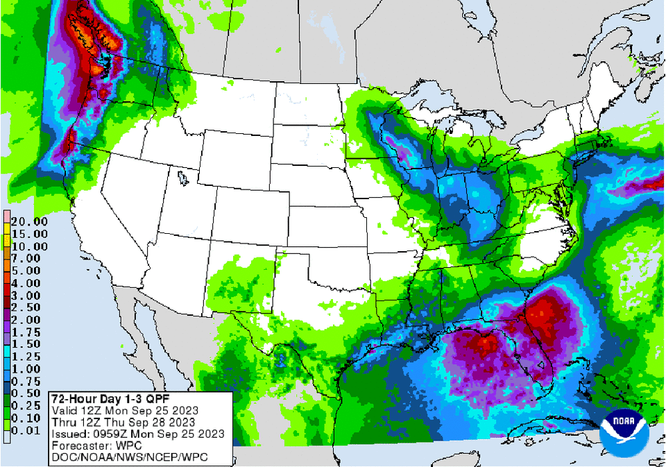 Precipitation forecast for the beginning of the week of Sept. 25, 2023.