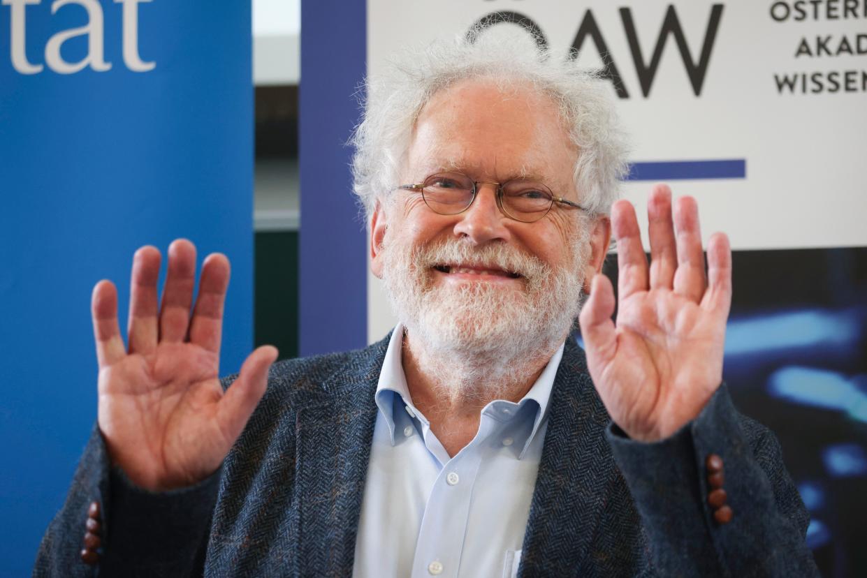 Professor Anton Zeilinger from the University of Vienna attends a news conference at the Institute for Quantum Optics and Quantum Information in Vienna, Austria, Tuesday, Oct. 4, 2022. 