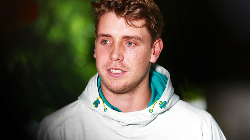 Cameron Green, pictured here speaking to the media at the National Cricket Centre in Brisbane.