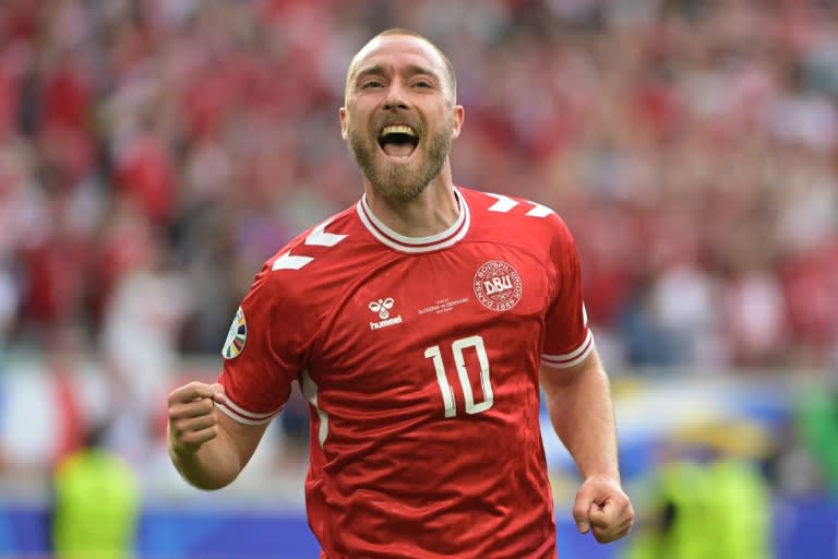 Le Danois Christian Eriksen après l'ouerture du score contre la Slovénie lors du premier match du groupe C de l'Euro-2024 le 16 juin 2024 à Stuttgart (DAMIEN MEYER)