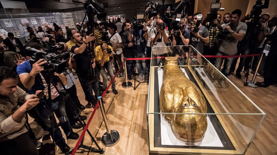 The golden coffin of Nedjemankh is photographed at the National Museum of Egyptian Civilization in Cairo, following its repatriation from the US. - Khaled Desouki/AFP/Getty Images