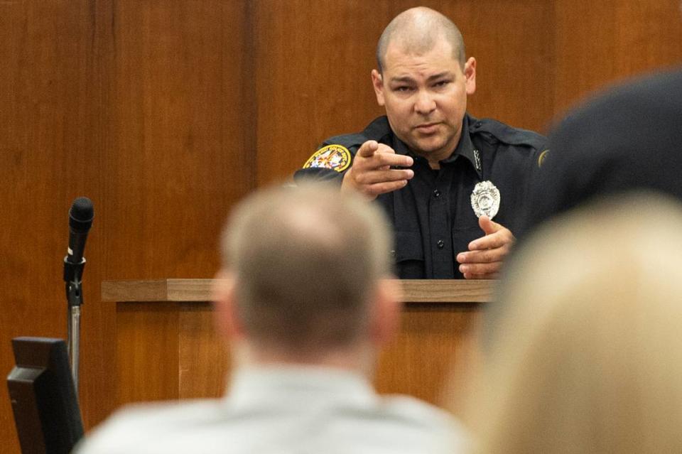 Police officer Eli Humphrey points to Johnny Max Mount while on the witness stand during day one of the trial of Johnny Max Mount for the 2015 murder of Julie Brightwell in Harrison County Court in Biloxi on Tuesday, June 13, 2023.