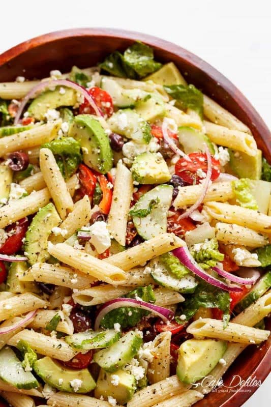 <p>Cafe Delites</p><p>A pasta salad made with fresh mediterranean salad ingredients and drizzled with an incredible lemon herb dressing!</p><p><strong>Get the recipe: <a href="https://cafedelites.com/lemon-herb-mediterranean-pasta-salad/" rel="nofollow noopener" target="_blank" data-ylk="slk:Lemon Herb Mediterranean Pasta Salad;elm:context_link;itc:0;sec:content-canvas" class="link ">Lemon Herb Mediterranean Pasta Salad</a></strong></p>