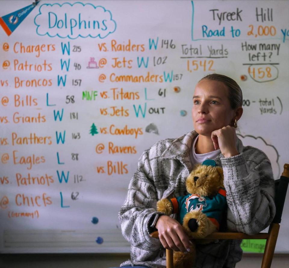 Pinecrest Elementary 3rd grade teacher Mary Martinez uses stats from this season’s Dolphins games as part of her lesson plan for her students. Martinez is photographed inside her classroom on Monday, January 8, 2024, in Pinecrest, Florida.