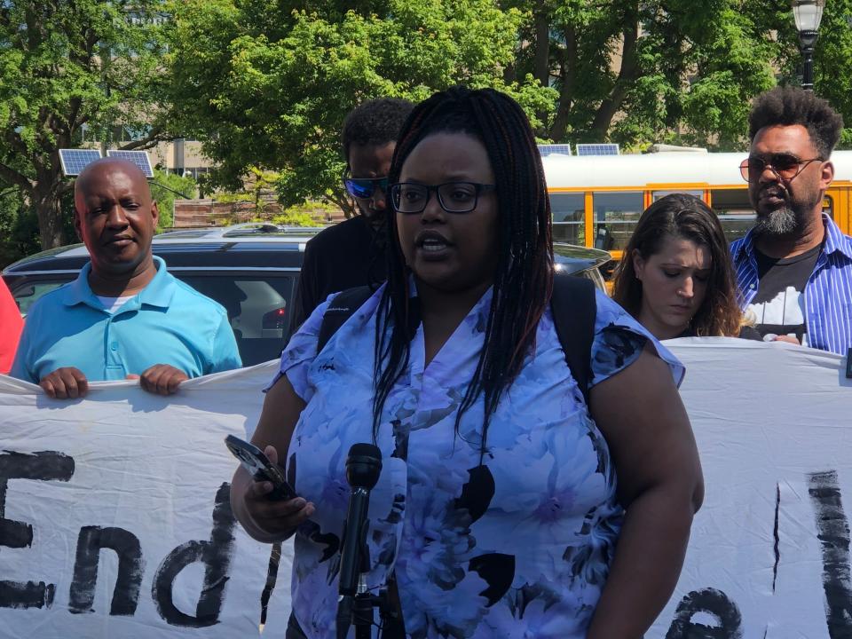 Celine Mutuyemariya, organizing director of Black Leadership Action Coalition of Kentucky, spoke at a press conference at Jefferson Square Park May 10, 2023.