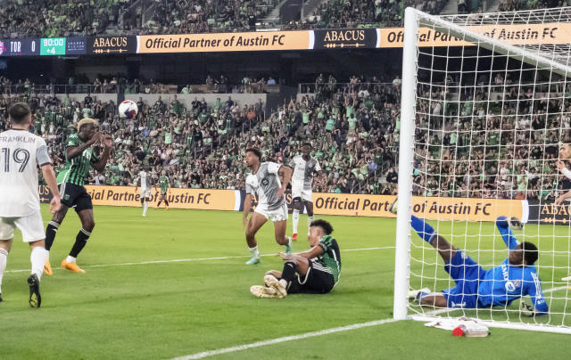 Austin FC forward Gyasi Zardes, second from left, heads the ball for a goal during the second half of an MLS soccer game against Toronto FC, Saturday, May 20, 2023, in Austin, Texas. (AP Photo/Michael Thomas)