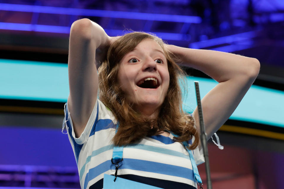 <p>Maggie Sheridan, 13, of Mansfield, Ohio, reacts in disbelief on hearing that she spelled her word correctly with one second to spare during the 90th Scripps National Spelling Bee in Oxon Hill, Md., Thursday, June 1, 2017. (AP Photo/Jacquelyn Martin) </p>