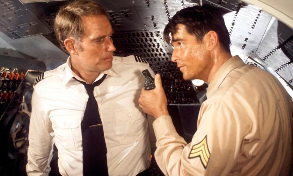 Charlton Heston (left) with James Brolin in Skyjacked.