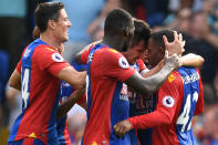 Football Soccer Britain - Crystal Palace v AFC Bournemouth - Premier League - Selhurst Park - 27/8/16 Crystal Palace's Scott Dann celebrates scoring their first goal with teammates Action Images via Reuters / Tony O'Brien Livepic EDITORIAL USE ONLY. No use with unauthorized audio, video, data, fixture lists, club/league logos or "live" services. Online in-match use limited to 45 images, no video emulation. No use in betting, games or single club/league/player publications. Please contact your account representative for further details.