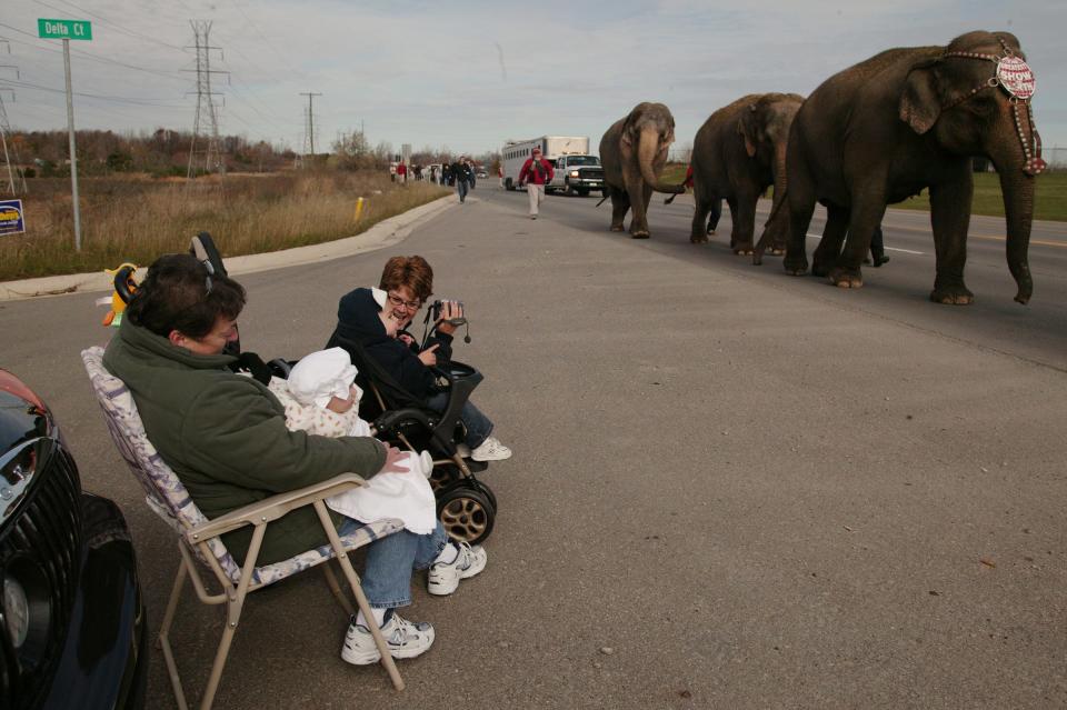 Margaret Hunter holds her 4-month-old granddaughter Reagan Panosian, on Nov. 9, 2004, in Orion Township as the Ringling Bros. and Barnum and Baily Circus walk the elephants to the Palace of Auburn Hills where the 133rd edition of the show would be presented. In the stroller pointing is Panosian's brother, Hunter Panosian, 2, and next to him with the camera is their mother Julie Panosian, and daughter of Hunter.